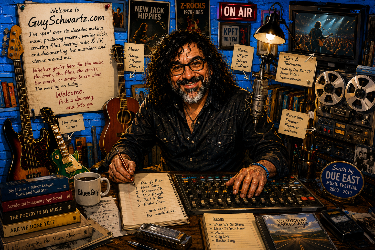 Illustrated Guy Schwartz workshop filled with guitars, books, recording equipment, radio, television and South by Due East history