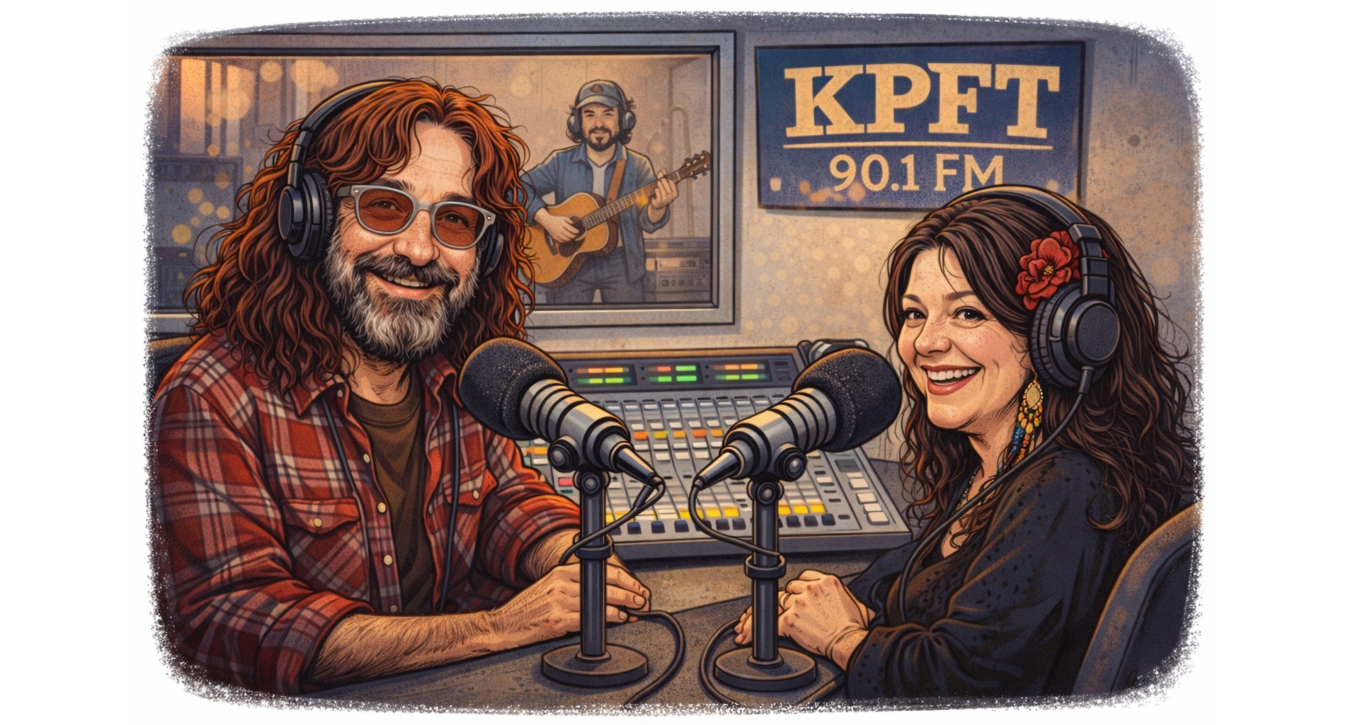 Illustration of Guy Schwartz and Marlo Blue broadcasting at KPFT 90.1 FM