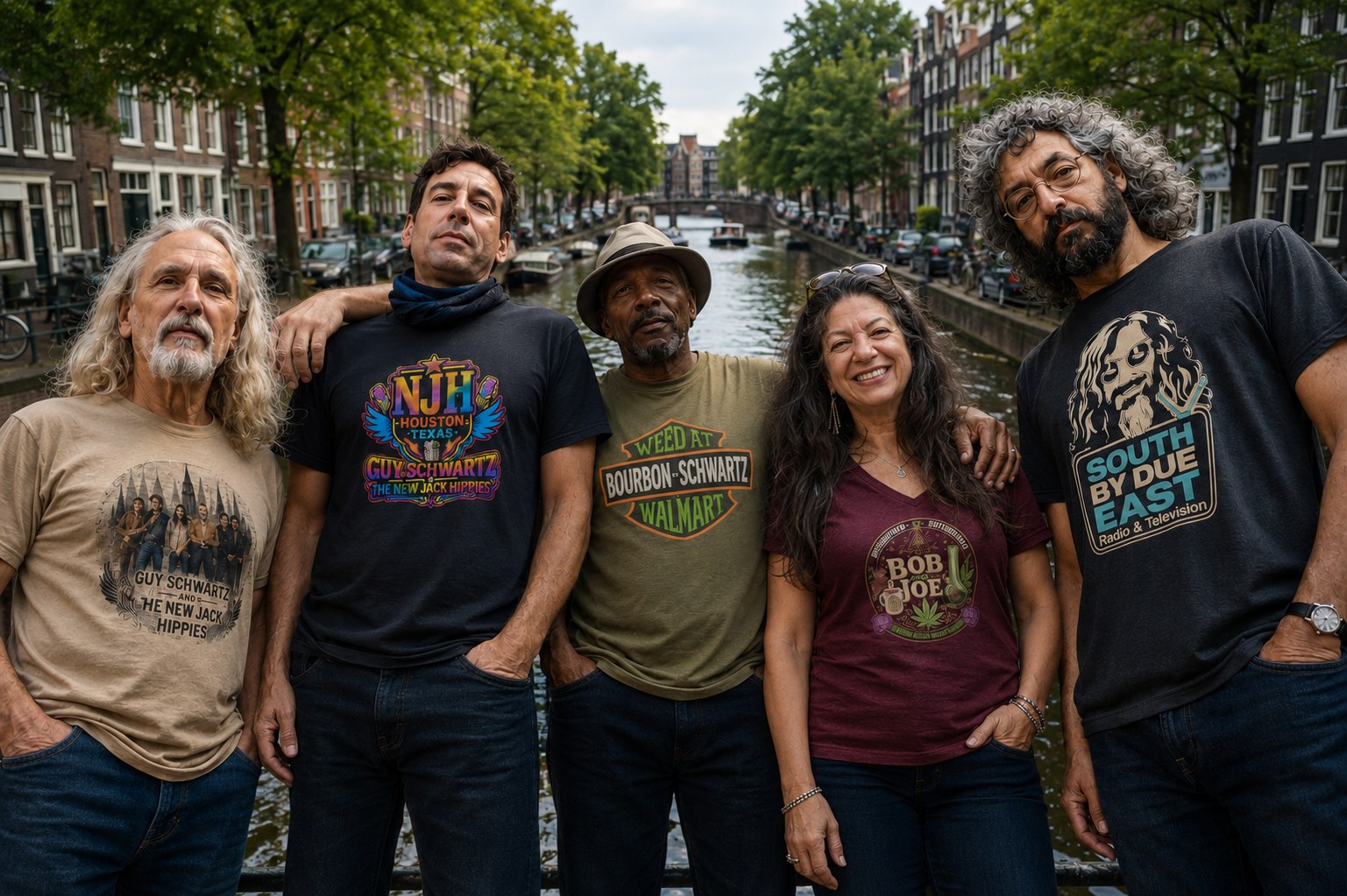 Group wearing several Guy Schwartz, New Jack Hippies and South by Due East shirts
