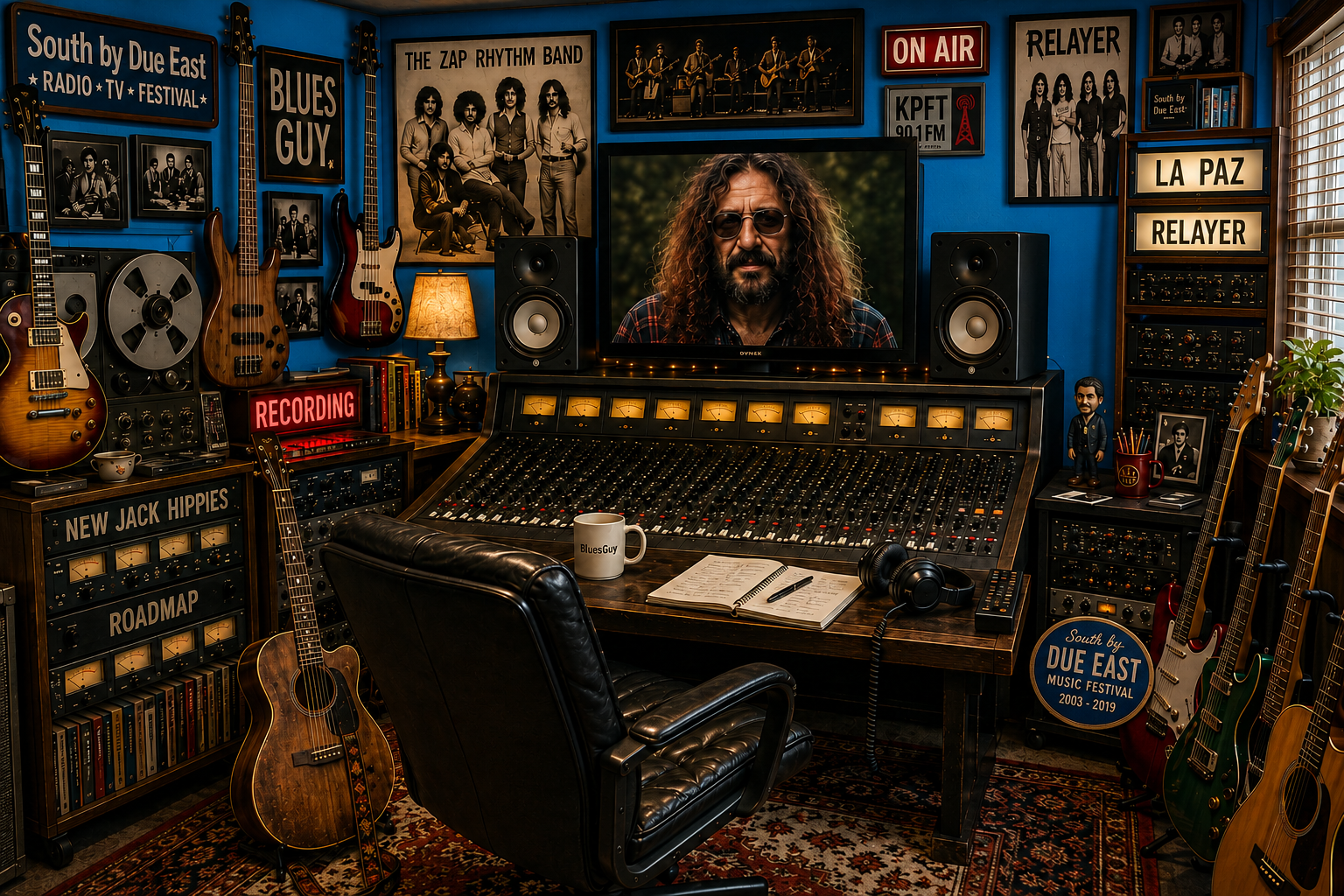 Illustrated Guy Schwartz recording studio filled with instruments and recording equipment